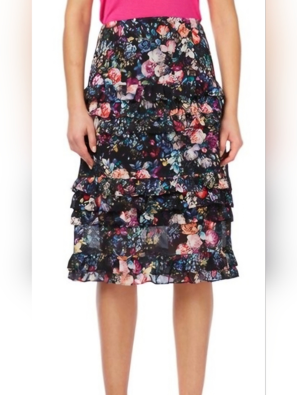 Womens Floral Nicole Miller Mew York Ruffled Midi Skirt Size 8